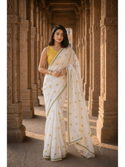 AMRUTKALA SAREES - White Linen Printed Saree With Unstitched Blouse