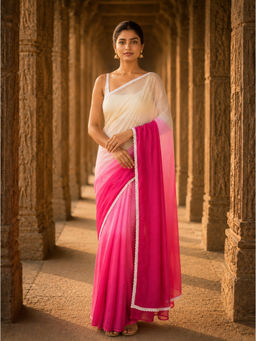 AMRUTKALA SAREES - White Linen Colorblock Saree With Unstitched Blouse