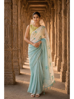 AMRUTKALA SAREES - White Linen Floral Saree With Unstitched Blouse