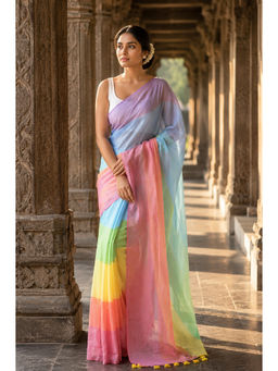 AMRUTKALA SAREES - Multi-Colour Linen Colorblock Saree With Unstitched Blouse