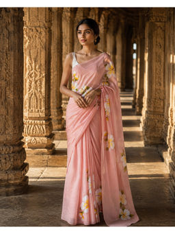 AMRUTKALA SAREES - Peach Linen Floral Saree With Unstitched Blouse