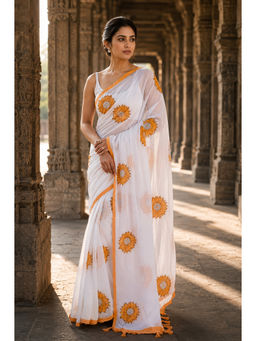 AMRUTKALA SAREES - White Linen Floral Saree With Unstitched Blouse