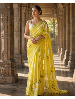 AMRUTKALA SAREES - Yellow Linen Floral Saree With Unstitched Blouse