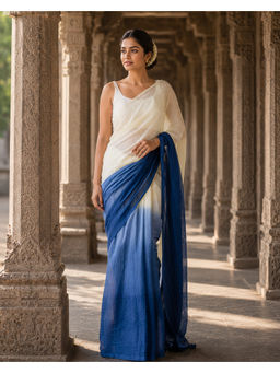 AMRUTKALA SAREES - Blue Linen Colorblock Saree With Unstitched Blouse