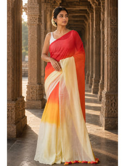 AMRUTKALA SAREES - Orange Linen Colorblock Saree With Unstitched Blouse