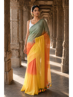 AMRUTKALA SAREES - Yellow Linen Colorblock Saree With Unstitched Blouse