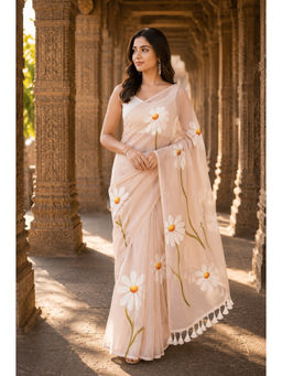 AMRUTKALA SAREES - Beige Linen Floral Saree With Unstitched Blouse