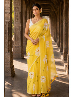 AMRUTKALA SAREES - Yellow Linen Floral Saree With Unstitched Blouse