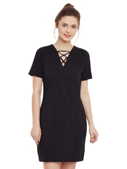 Miss Chase - Womens Black Solid V Neck Half Sleeves Mini Bodycon Dress