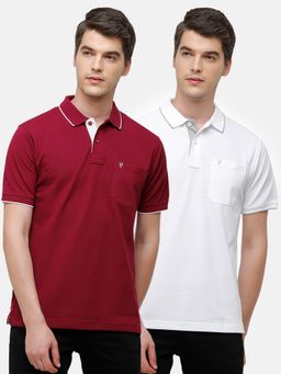 Classic Polo - Men Solid Red & White Cotton Blend Regular Fit Polo T-Shirts (Pack of 2)