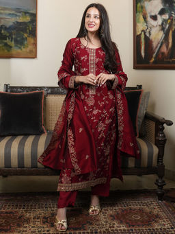 Libas - Maroon Floral Zari All Over Embroidered Kurta with Trouser & Dupatta (Set of 3)