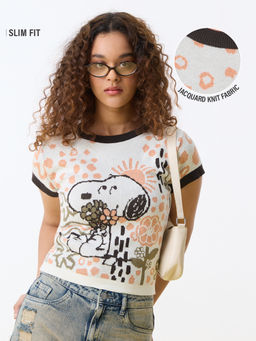 The Souled Store - Cream Printed Pure Cotton Slim T-Shirt