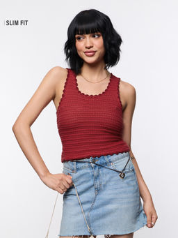 The Souled Store - Red Self Design Pure Cotton Regular Tank Top