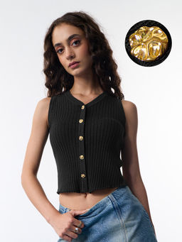 The Souled Store - Black Solid Pure Cotton Regular Vest Top