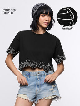 The Souled Store - Black Embroidered Pure Cotton Oversized T-Shirt