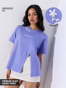 The Souled Store - Lavender Embroidered Pure Cotton Oversized T-Shirt