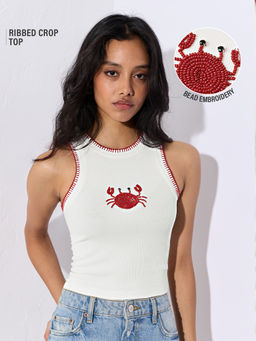 The Souled Store - White Embroidered Polyester Blend Regular Tank Top