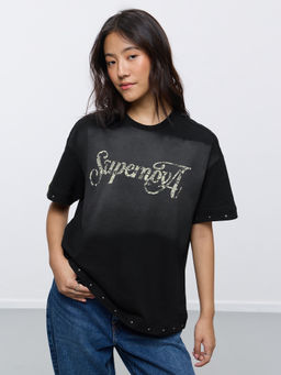 The Souled Store - Black Typography Pure Cotton Oversized T-Shirt