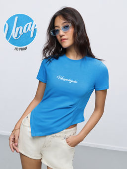 The Souled Store - Blue Typography Cotton Asymmetrical Top