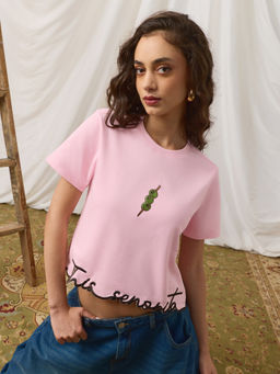The Souled Store - Pink Embroidered Pure Cotton Regular T-Shirt