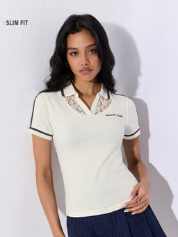The Souled Store - Off White Self Design Cotton Blend Slim T-Shirt