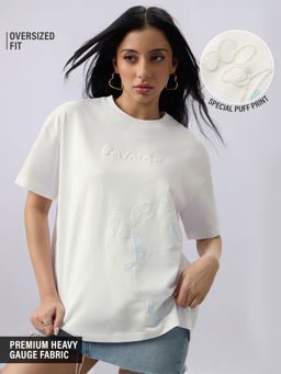 The Souled Store - White Self Design Pure Cotton Oversized T-Shirt