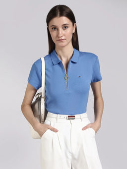 Tommy Hilfiger - Blue Solid Cotton Slim Polo T-Shirt