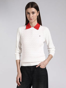 Tommy Hilfiger - White Self Design Cotton Regular Sweater