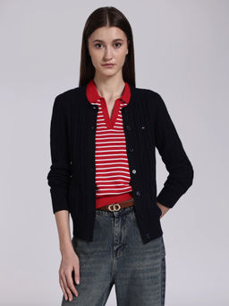 Tommy Hilfiger - Navy Blue Self Design Cotton Regular Cardigan