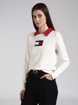 Tommy Hilfiger - White Woven Cotton Regular Sweater