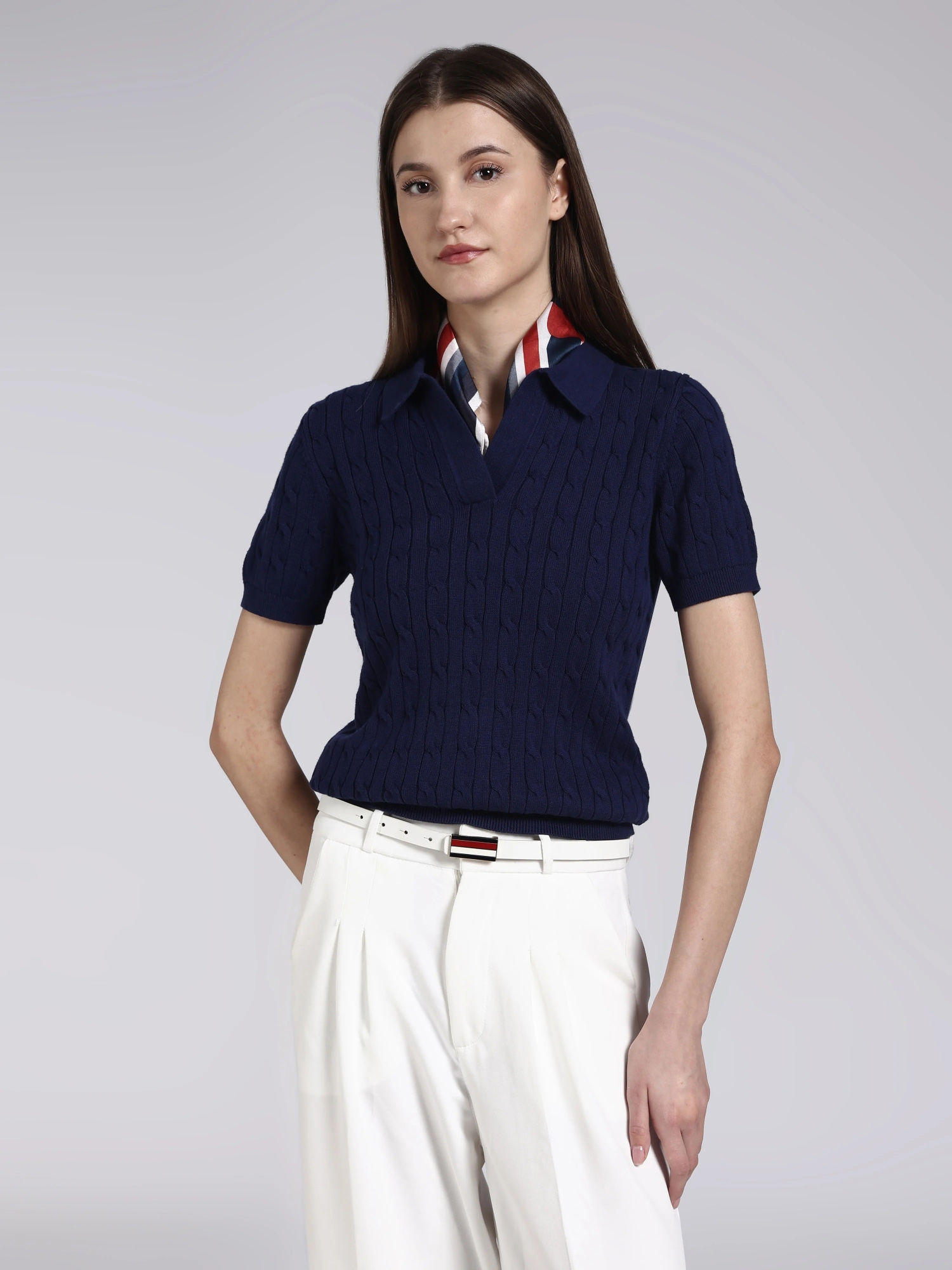 Navy Blue Self Design Cotton Regular Sweater-image-7