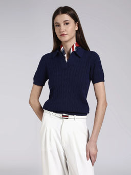 Tommy Hilfiger - Navy Blue Self Design Cotton Regular Sweater