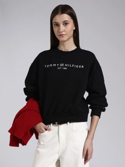 Tommy Hilfiger - Black Solid Cotton Blend Relaxed Sweatshirt