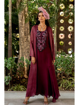 Nikita Vishakha - Wine Dress with Inner and Cape (Set of 3)
