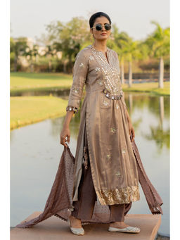 Nikita Vishakha - Taupe Platinum Kurta with Pant and Dupatta (Set of 3)