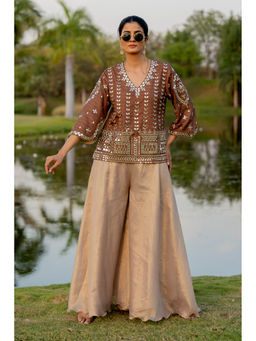 Nikita Vishakha - Bronze Bell Sleeve Top with Sharara (Set of 2)