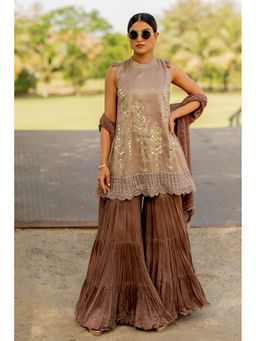 Nikita Vishakha - Taupe Platinum Flared Sharara with Kurti and Dupatta (Set of 3)