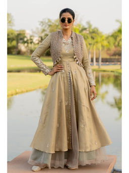 Nikita Vishakha - Beige Oxide Jacket with Kurta and Lehenga (Set of 3)