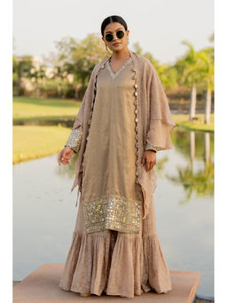 Nikita Vishakha - Taupe Steel Kurta with Sharara and Dupatta (Set of 3)