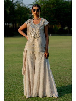 Nikita Vishakha - Ivory Peplum Top with Sharara and Dupatta (Set of 3)