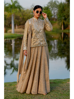 Nikita Vishakha - Taupe Oxide Rk Jacket with Skirt and Dupatta (Set of 3)