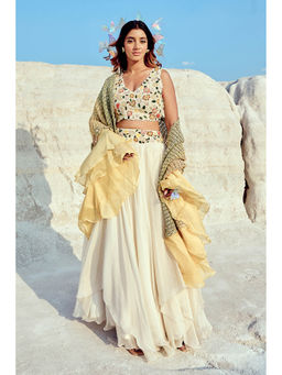 Nikita Vishakha - White Mesh Blouse with Lehenga and Dupatta (Set of 3)