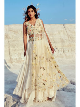 Nikita Vishakha - White Mesh Blouse with Lehenga and Dupatta (Set of 3)