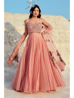 Nikita Vishakha - Peach Pink Net Lehenga with Blouse and Dupatta (Set of 3)