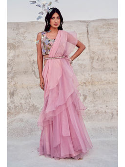 Nikita Vishakha - Pink Pre-Draped Saree with Stitched Blouse and Belt