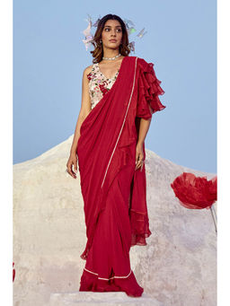 Nikita Vishakha - Red Ruffle Sleeves Pre-Draped Saree with Stitched Blouse