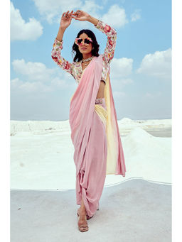 Nikita Vishakha - Pink Ombre Cowl Pre-Draped Saree with Stitched Blouse
