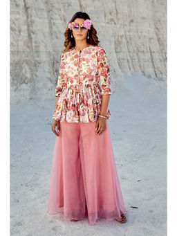 Nikita Vishakha - Pink Printed Peplum Top with Sharara (Set of 2)