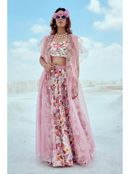 Nikita Vishakha - Pink Ruffle Cape with Blouse and Skirt (Set of 3)