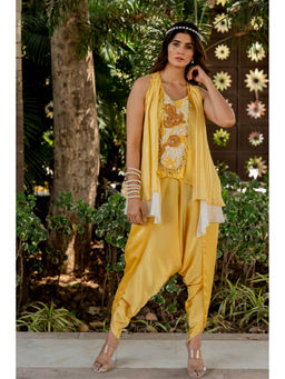 Nikita Vishakha - Yellow Peplum Top with Dhoti and Cape (Set of 3)